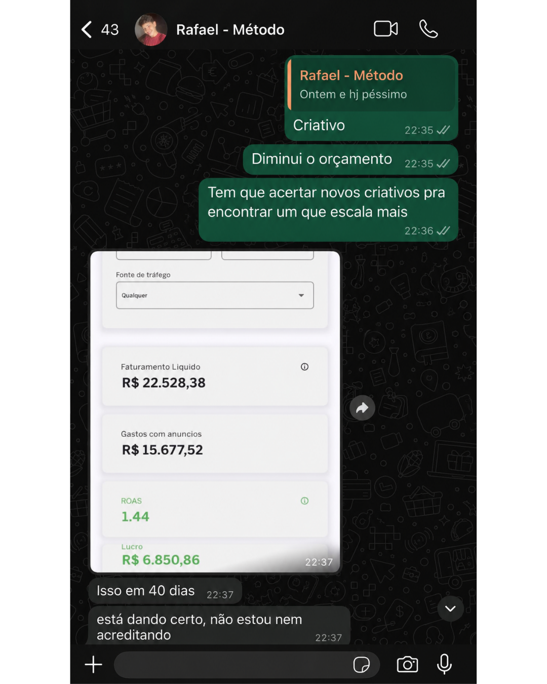 Resultado compartilhado por Rafael durante a implementação